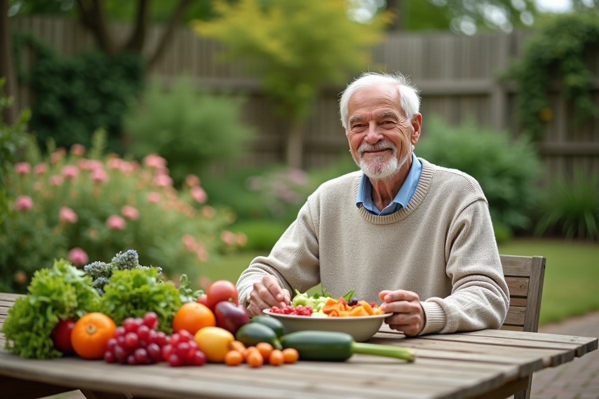 Homme âgé dégustant des légumes frais dans le jardin
