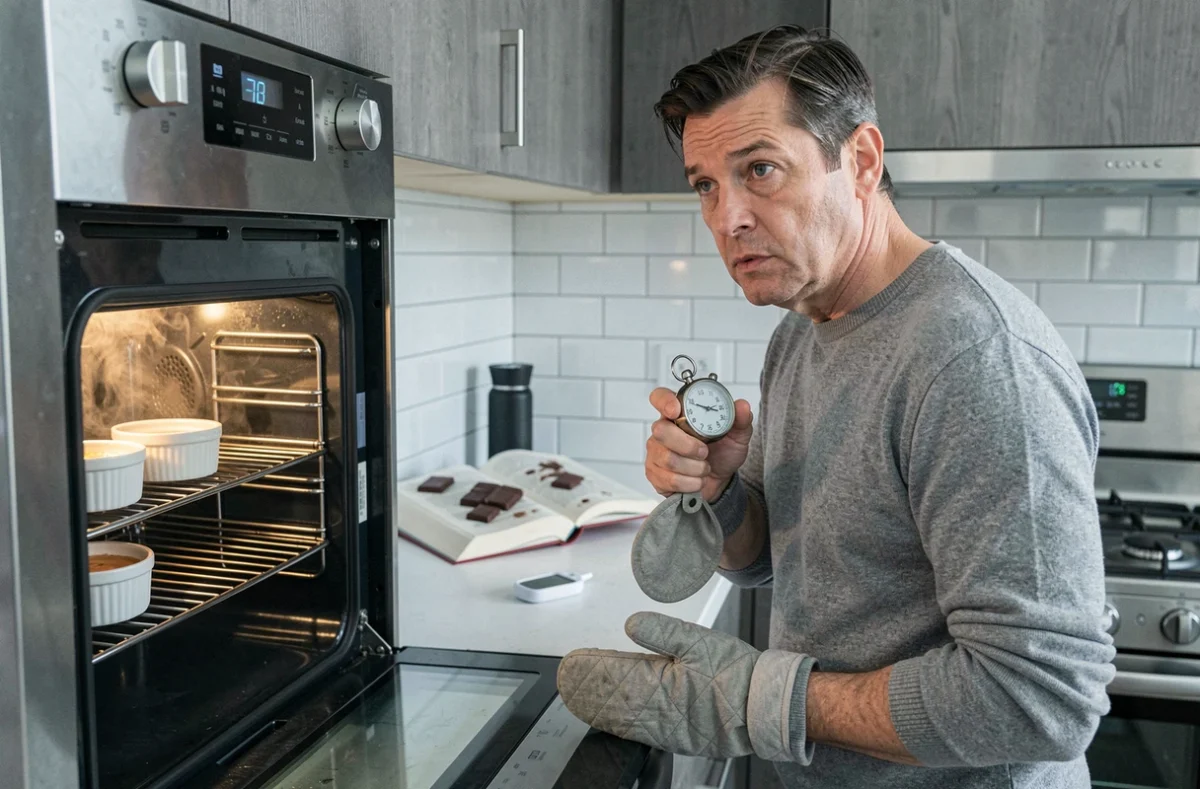 Homme vérifiant la cuisson de son fondant au chocolat devant un four ouvert avec un minuteur à la main