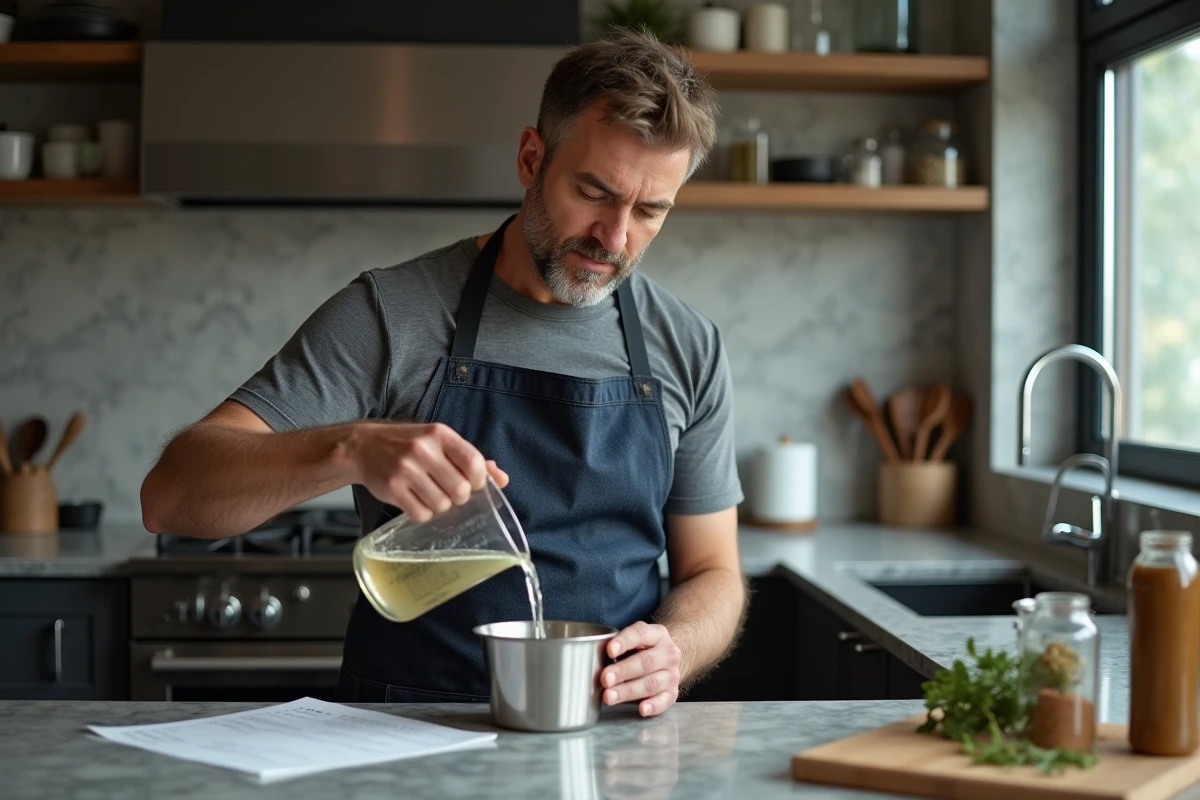 Homme mesurant un liquide avec un verre doseur en suivant une recette avec des mesures en grammes et centilitres