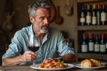 Homme dégustant un vin rouge avec un plat traditionnel dans une cuisine rustique