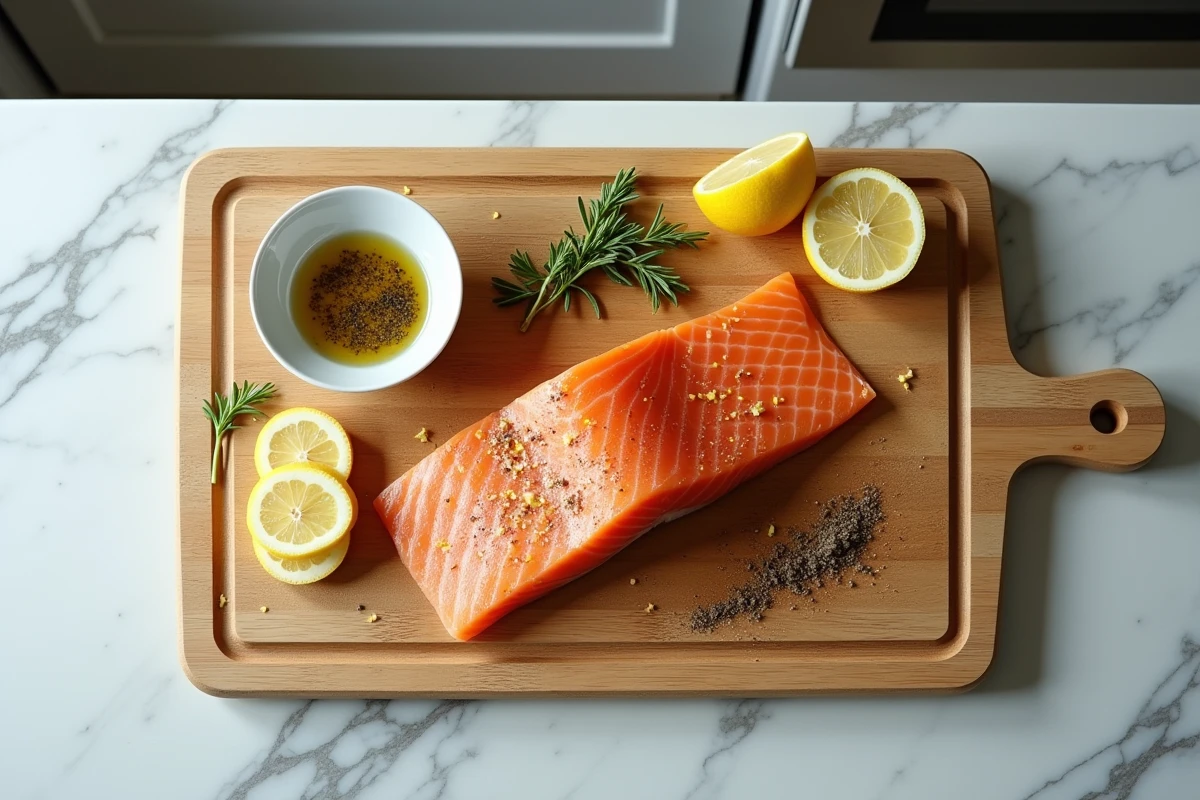 Planche à découper avec saumon, citrons tranchés et herbes fraîches sur marbre blanc pour une recette simple