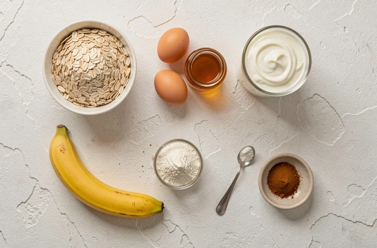 Ingrédients sains pour gâteau flocon d'avoine sans beurre disposés en flat lay sur une surface en pierre blanche incluant yaourt grec miel banane et flocons d'avoine