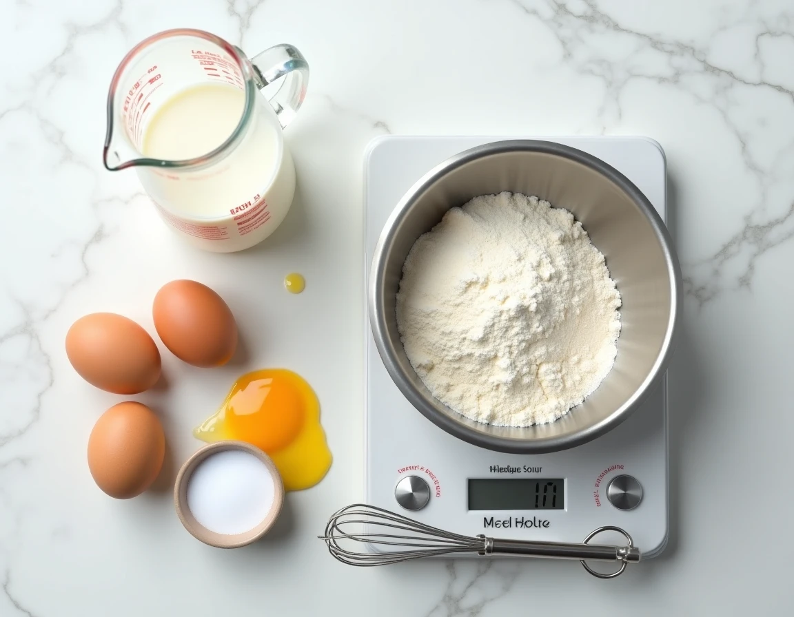 Ingrédients pour pâte à crêpe avec 500g de farine et 1 litre de lait disposés en flat lay sur marbre blanc