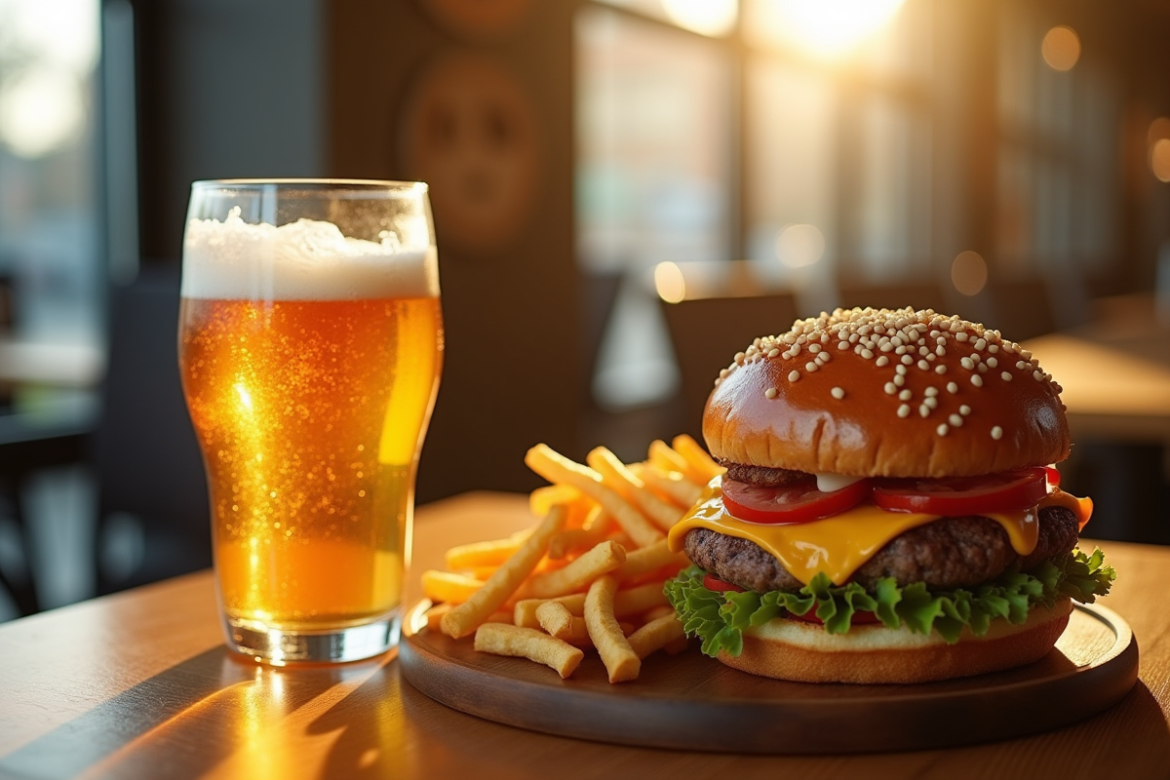 Verre de IPA avec burger et frites sur table en bois