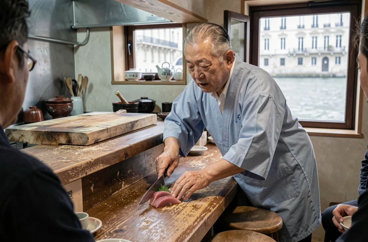Chef sushiman senior découpant du sashimi au couteau yanagiba au comptoir exigu du restaurant Isami sur l'île Saint-Louis à Paris, fenêtre sur la Seine en arrière-plan