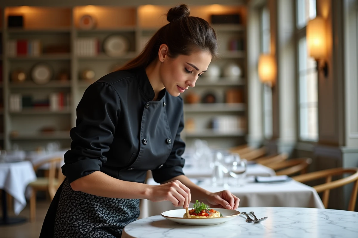 Jeune chef français en train de dresser un plat élégant