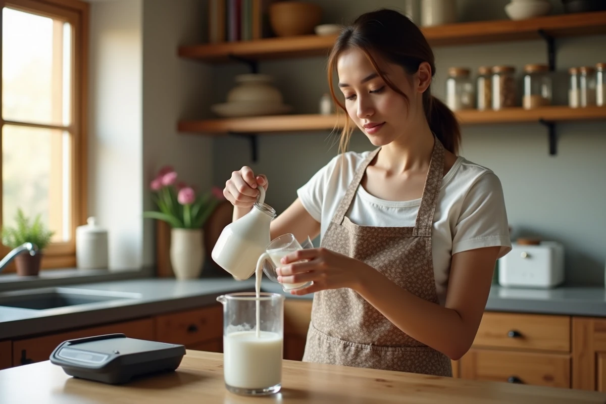 Jeune femme cuisinant versant du lait dans un verre mesureur