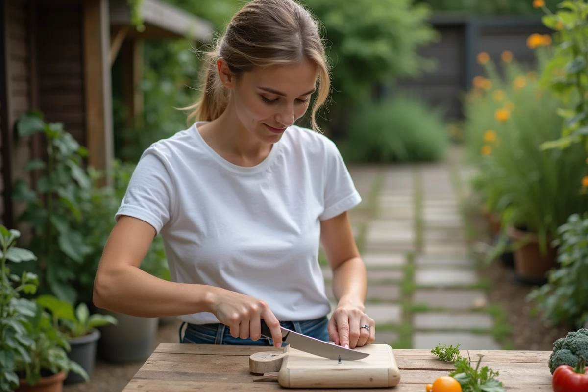 Jeune femme affûtant un couteau dans un jardin en extérieur