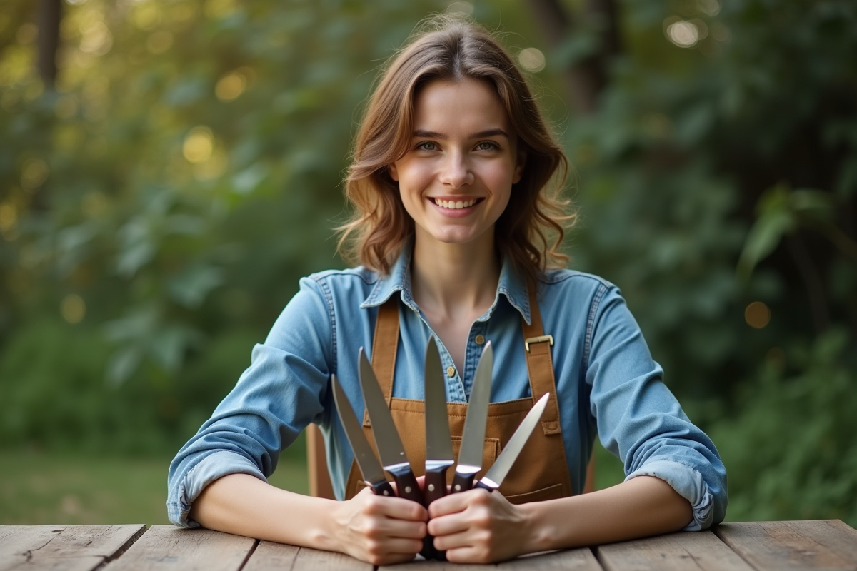 Jeune femme examinant des couteaux dans un jardin