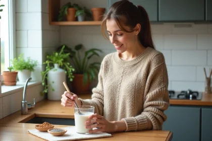 Jeune femme cuisine chia dans une cuisine lumineuse