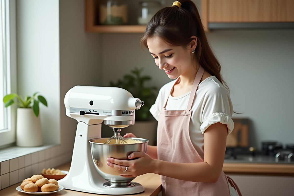 Jeune femme pâtissière souriante dans sa cuisine maison