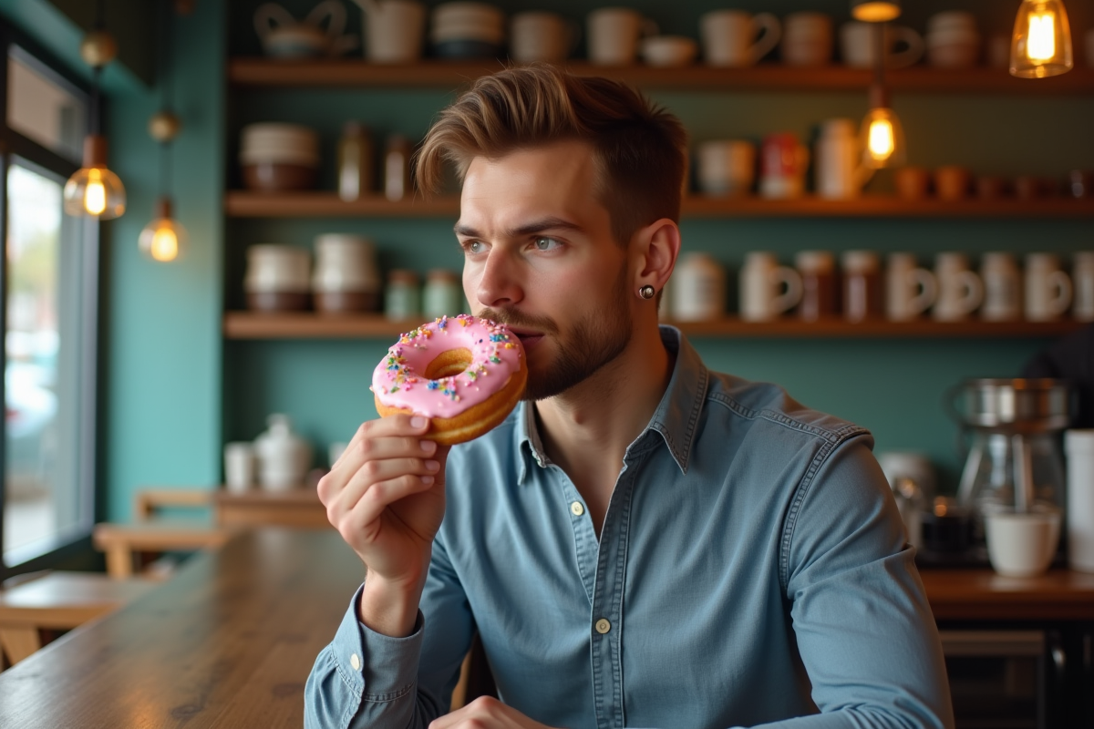 Jeune homme dégustant un donut coloré en café urbain