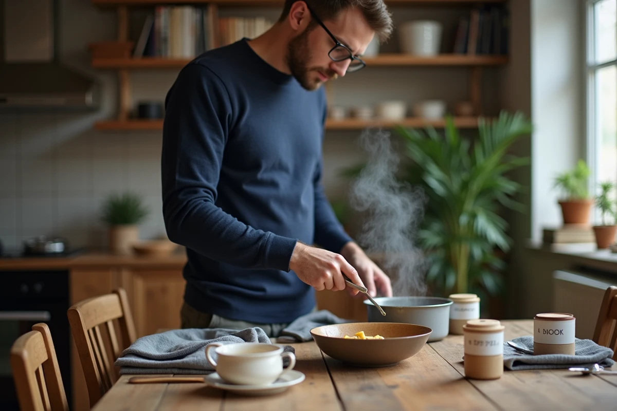 Jeune homme remuant sauce d ail dans une salle à manger chaleureuse
