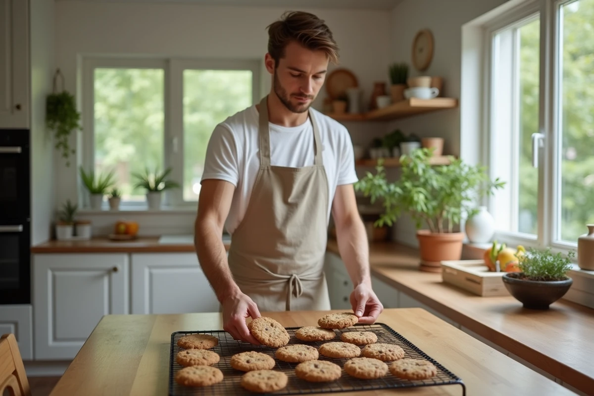 Jeune homme sortant des cookies du four dans la cuisine