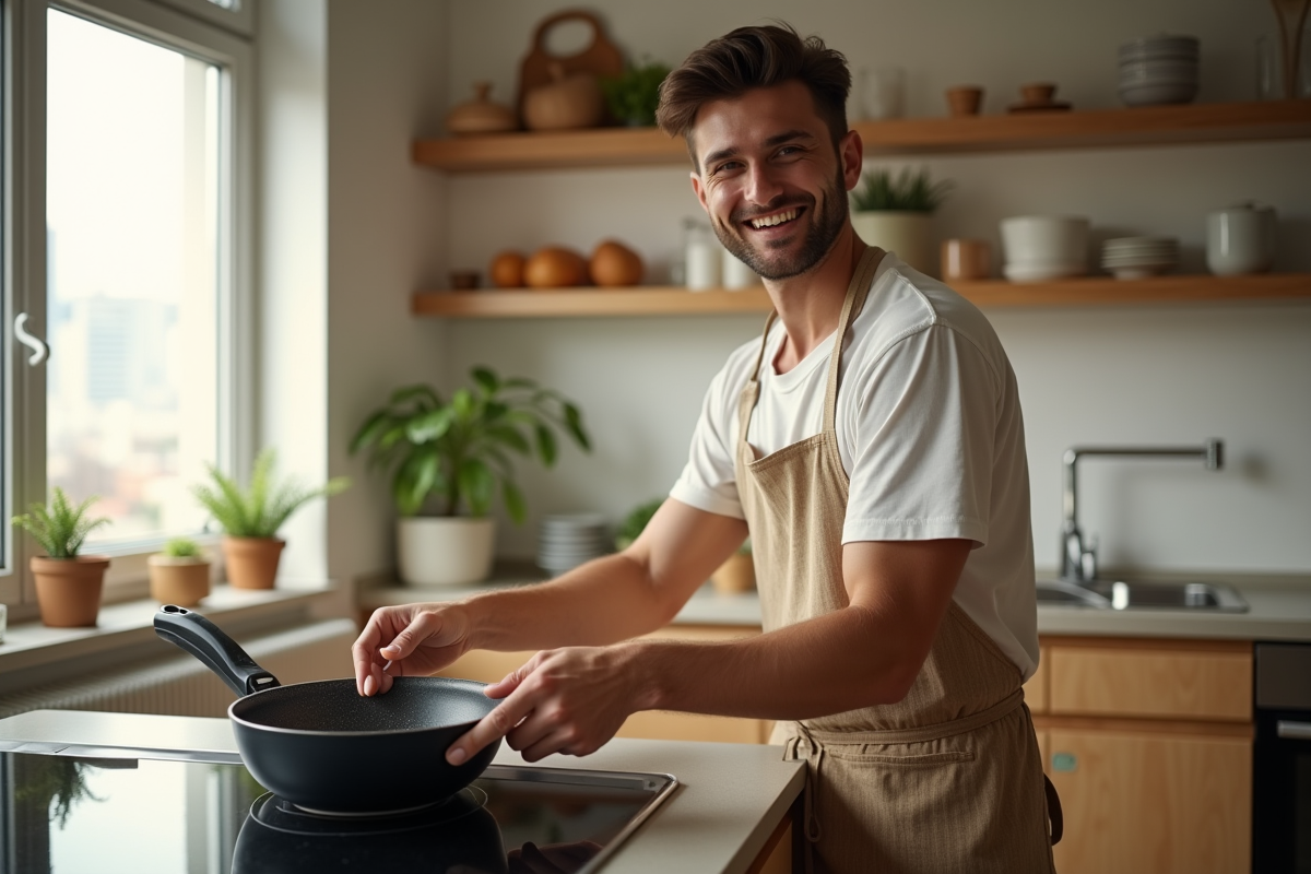 Jeune homme place un ensemble de casseroles neuves sur la plaque