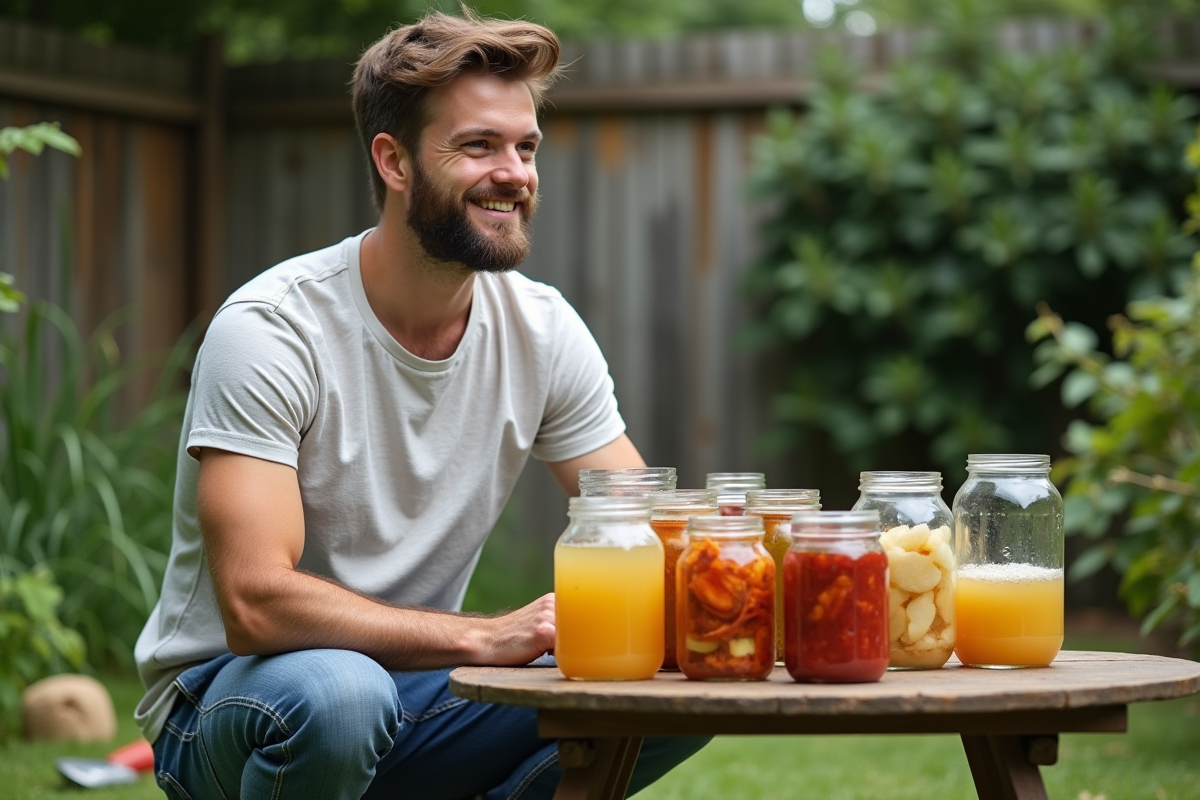 Jeune homme dans le jardin avec bocaux de fermentations