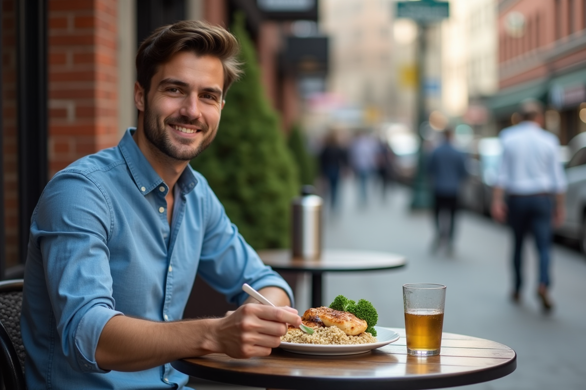 Jeune homme dégustant un repas en terrasse urbaine