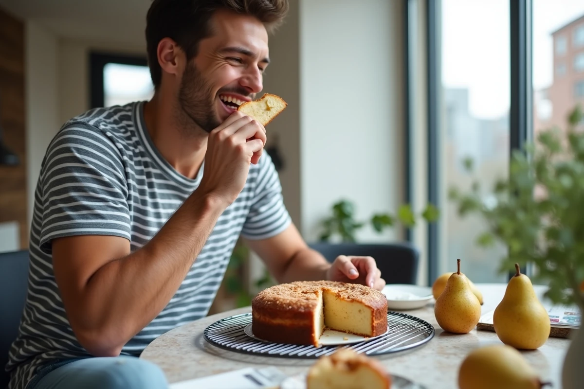 Jeune homme dégustant une part de gâteau aux poires dans un appartement