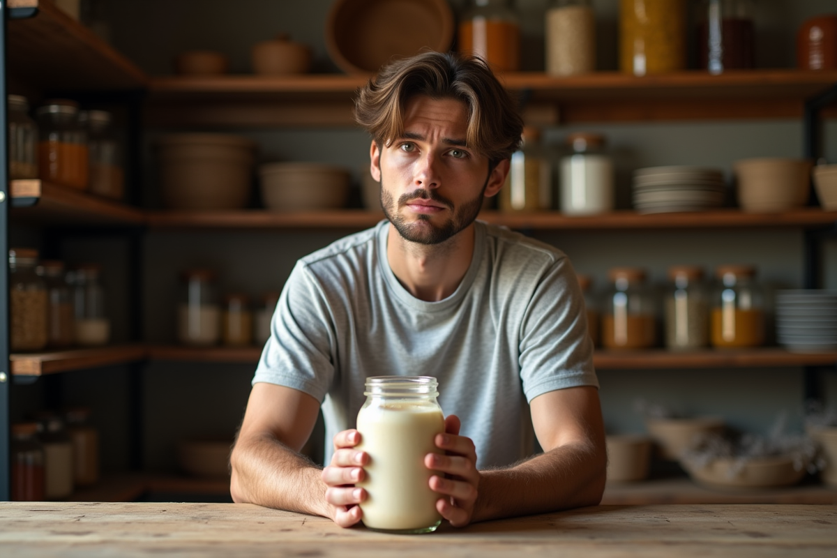 Jeune homme tenant un pot de levain de pain raté dans une cuisine