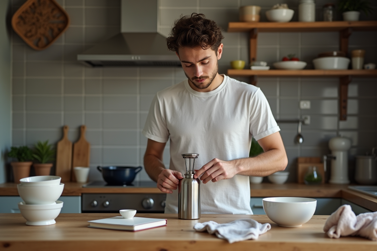 Jeune homme nettoyant un siphon à chantilly dans la cuisine