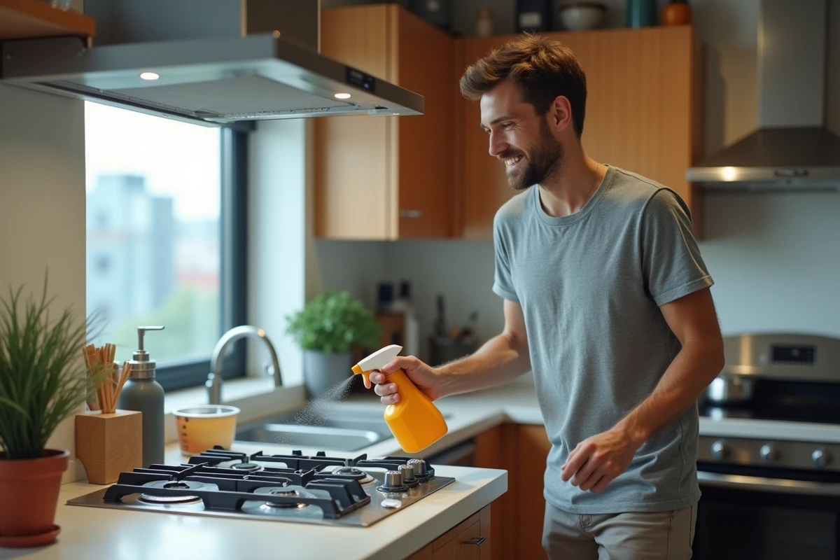 Jeune homme vaporisant un plan de cuisson en cuisine urbaine