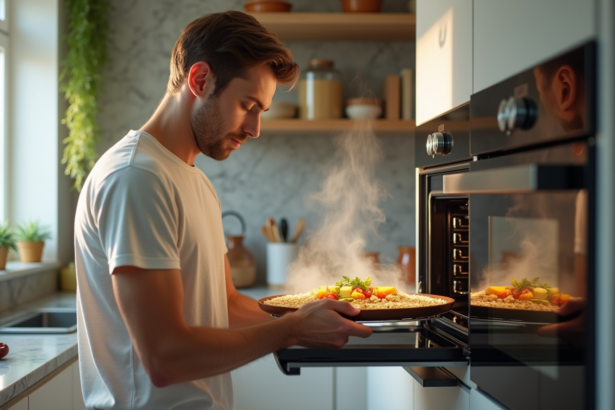 Jeune homme vérifiant un plat de quinoa et légumes dans un four vapeur