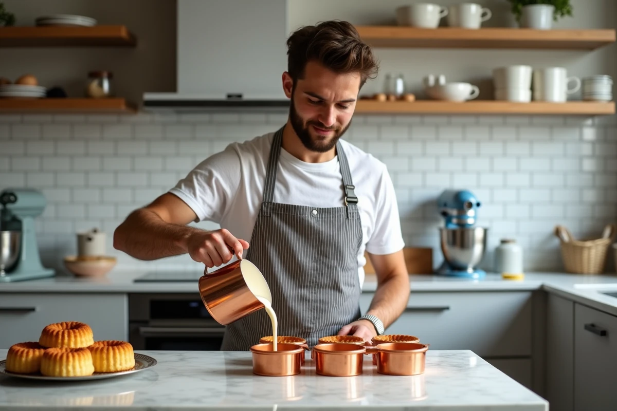 Jeune homme versant la pâte à canelé dans des moules en cuivre