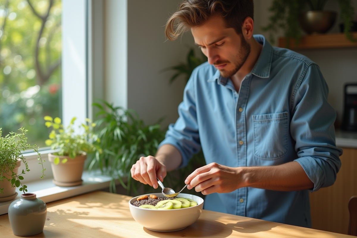 Jeune homme en train de préparer un bol de petit déjeuner sain près d