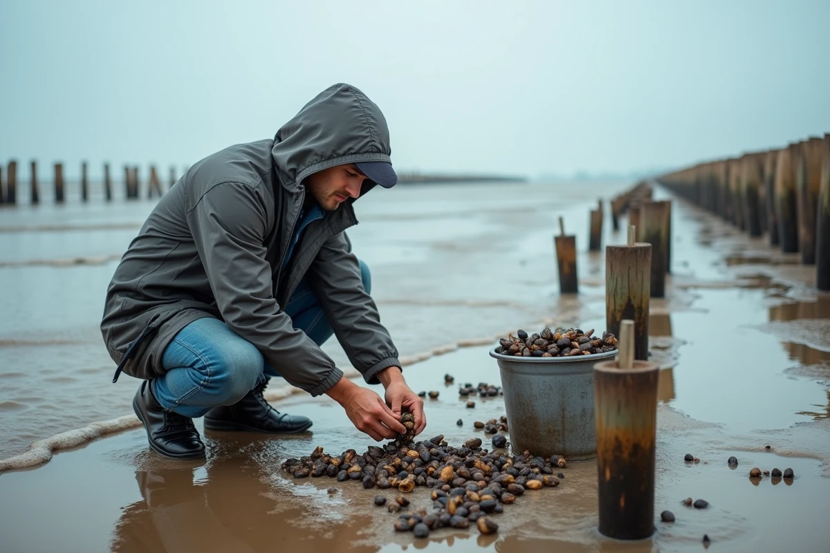 Jeune homme récoltant des moules sur la côte au tidal flat