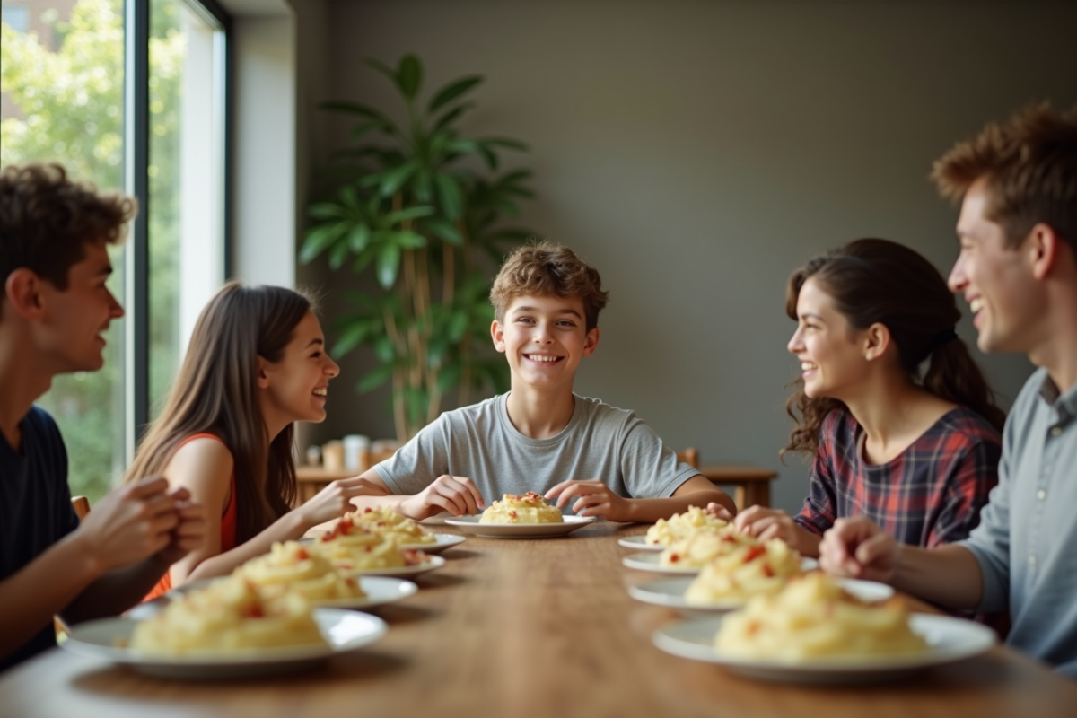 Jeune garçon souriant avec amis autour du repas