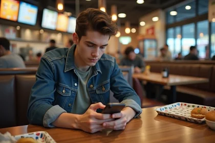 Jeune homme utilisant son smartphone dans un fastfood