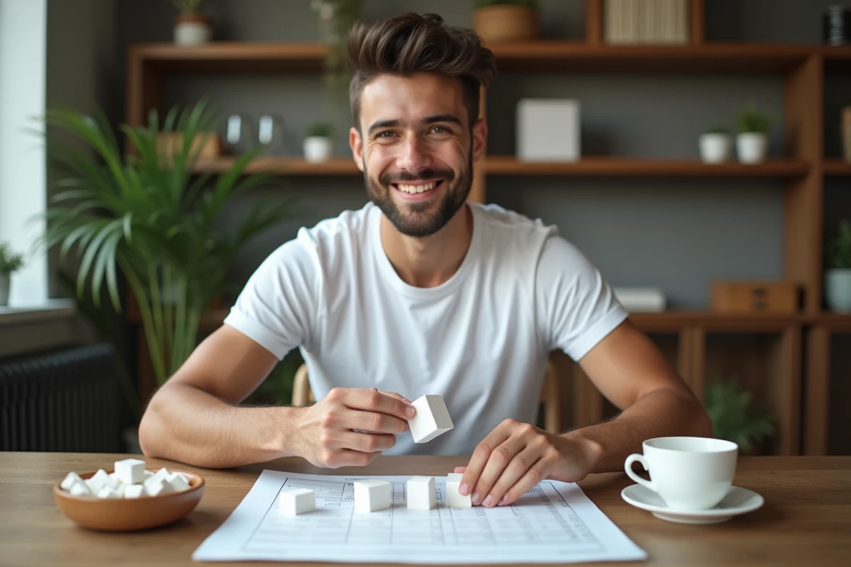 Jeune homme arrangeant des cubes de sucre sur un tableau