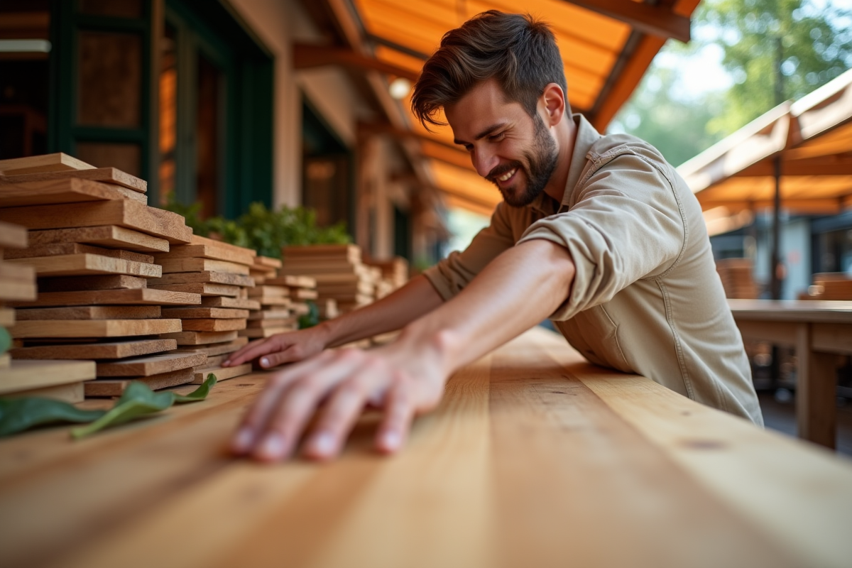 Jeune homme touchant une planche en bois au marché en plein air