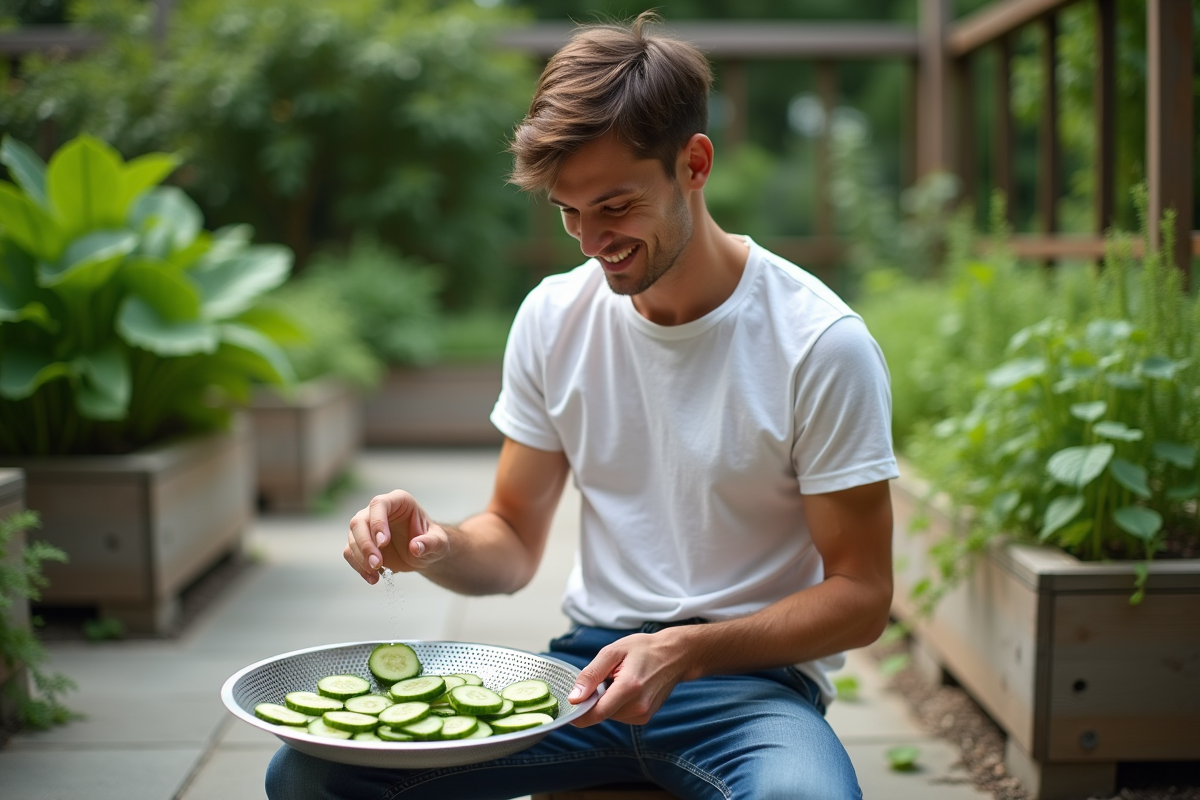 Jeune homme disposant des tranches de concombre dans le jardin