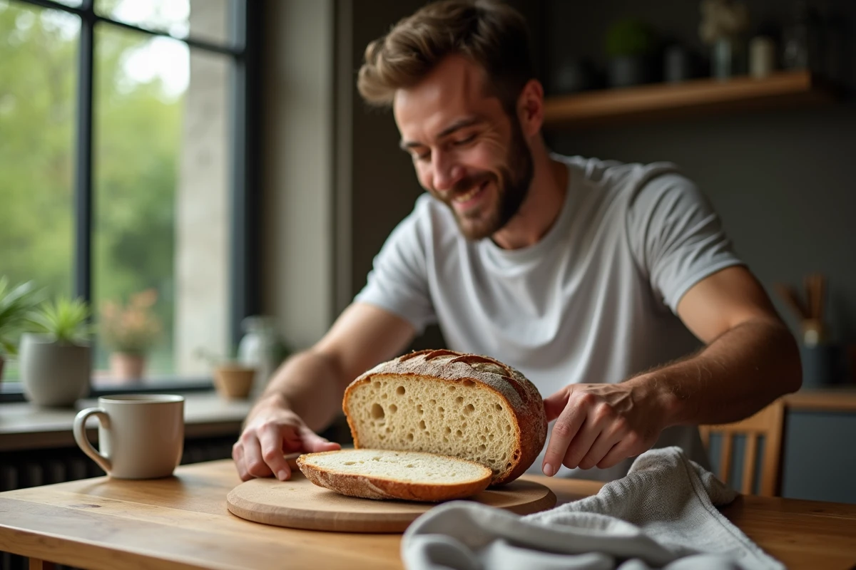 Jeune homme coupant pain artisanal dans une cuisine chaleureuse