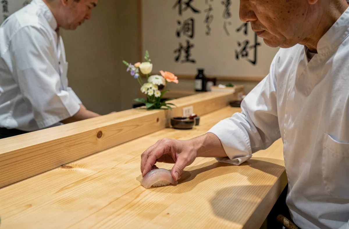 Chef japonais en veste blanche pressant un nigiri sur un comptoir en bois de hinoki au restaurant Jin, rue de la Sourdière à Paris, dîner omakase en contre-plongée rapprochée