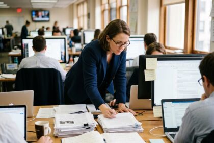 Journaliste femme dans une salle de rédaction examinant des documents imprimés à son bureau éditorial