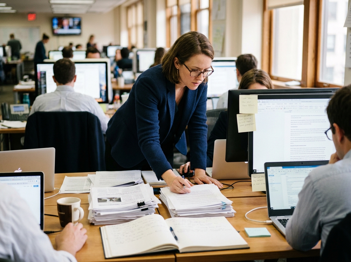 Journaliste femme dans une salle de rédaction examinant des documents imprimés à son bureau éditorial