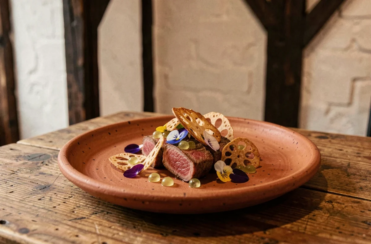 Tataki de wagyu avec dots de ponzu et fleurs comestibles sur assiette terracotta au restaurant Ken Kawasaki dans le 18e arrondissement de Paris