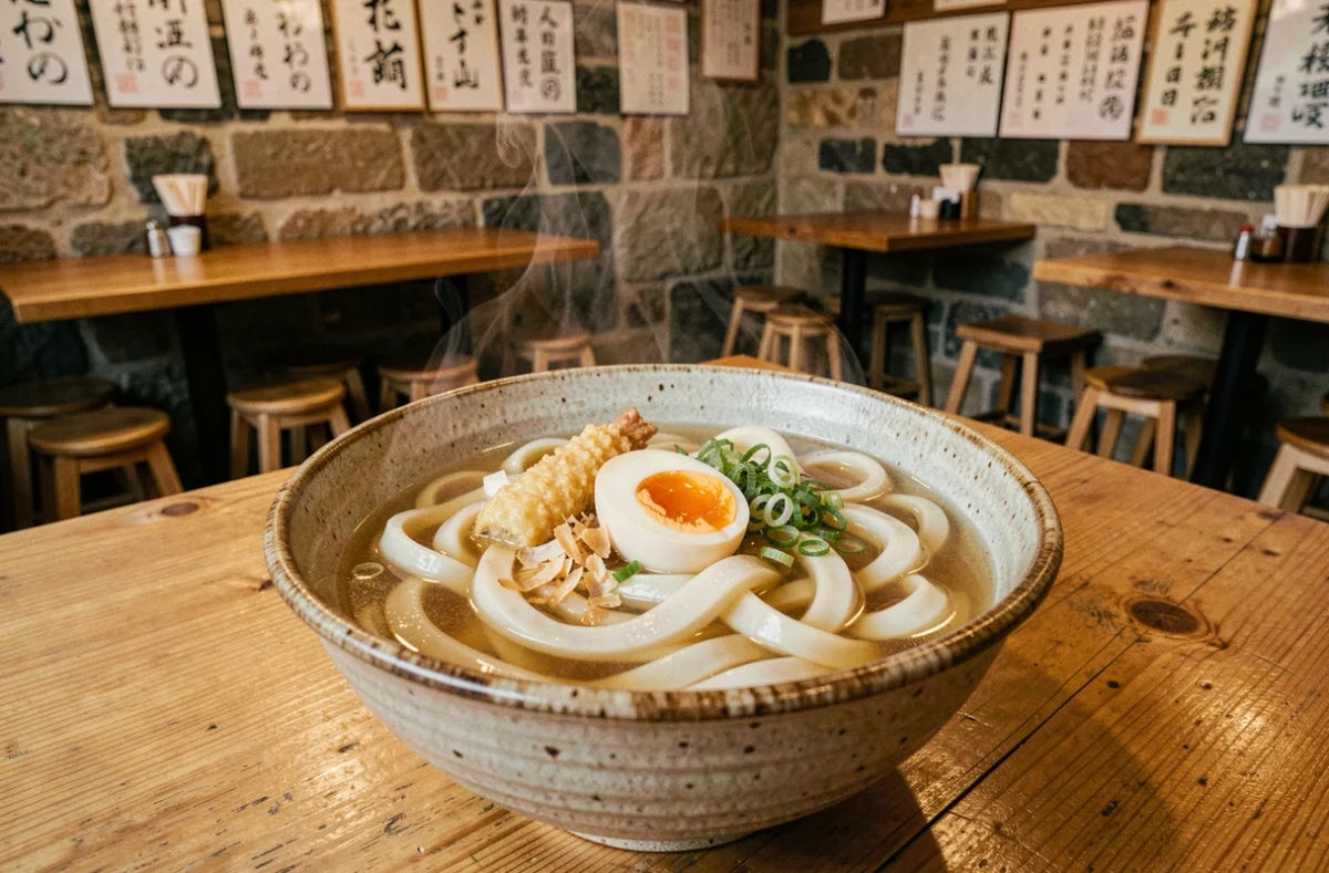 Bol d'udon artisanal fumant avec dashi doré, œuf mollet et tempura au restaurant Kunitoraya, rue Villédo à Paris, posé sur une table en bois brut
