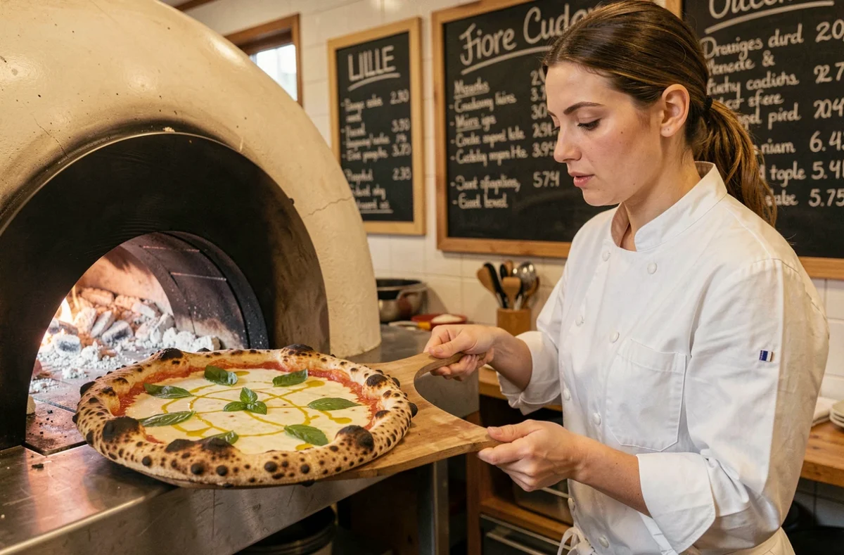 Pizzaiola sortant une pizza napolitaine du four à bois chez La Pazienza à Lille