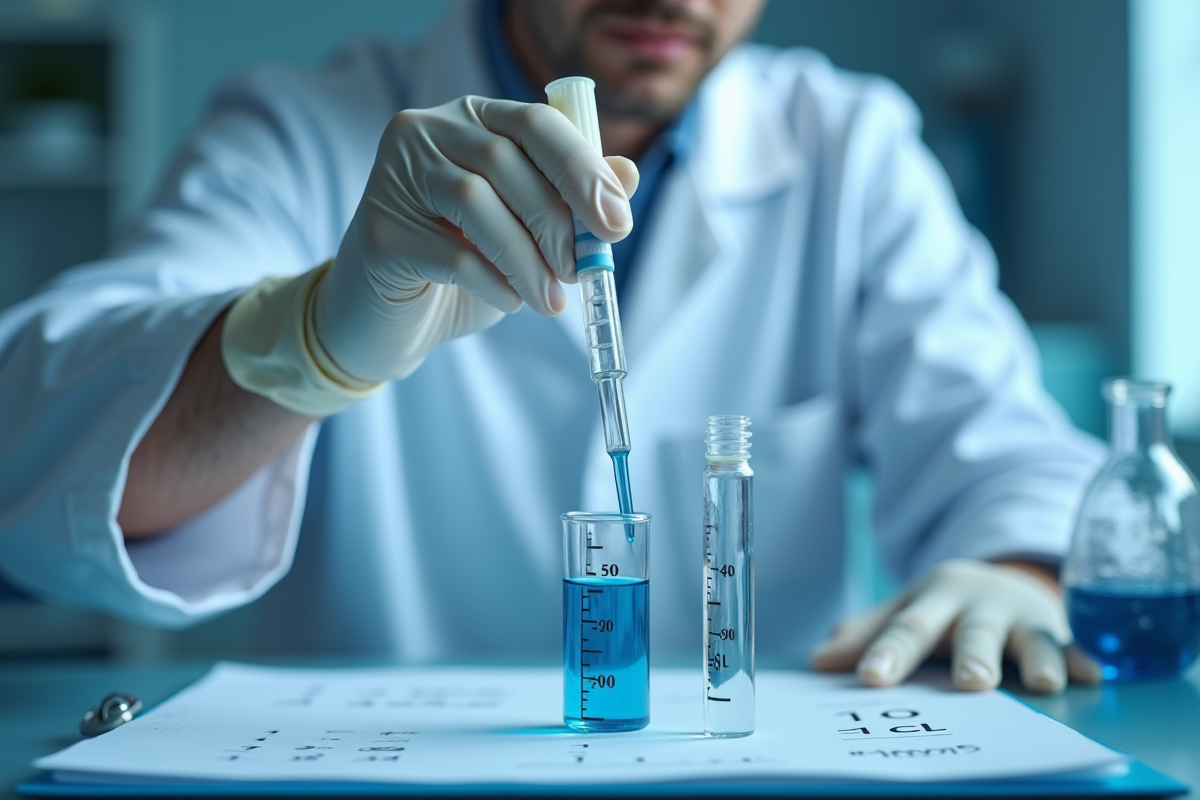 Main de scientifique utilisant pipette pour 10 ml de liquide
