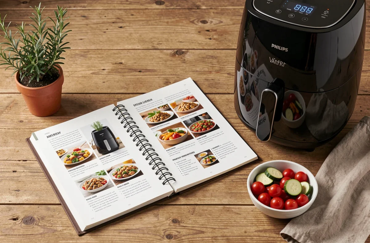 Livre de recettes airfryer Philips ouvert sur une table en bois avec des légumes frais