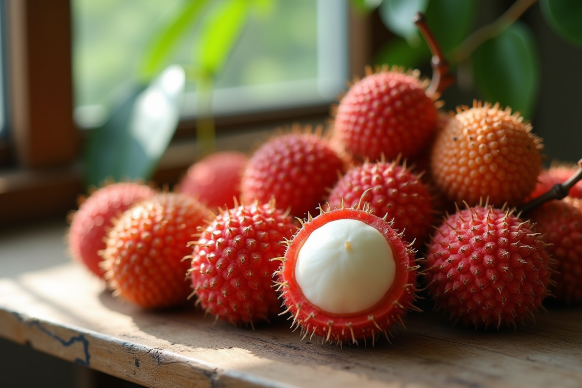 Lychees et longans sur une table en bois ensoleillée