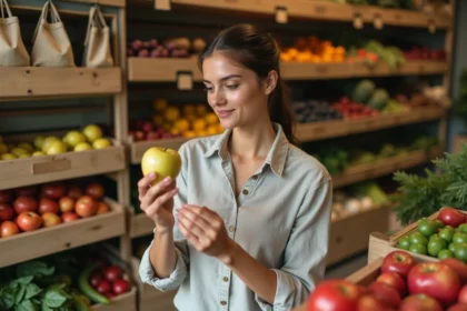 Femme inspectant des fruits imparfaits dans un magasin anti-gaspi local avec des étals en bois et des produits à prix réduit