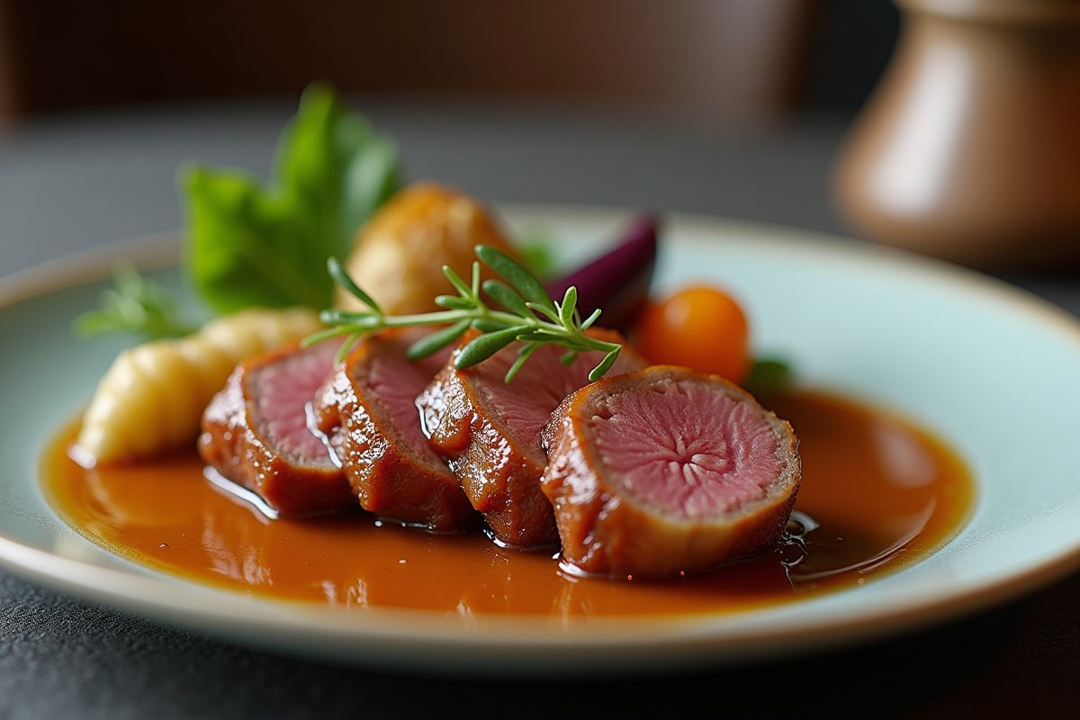 Magret de canard avec légumes et sauce brillante en gros plan