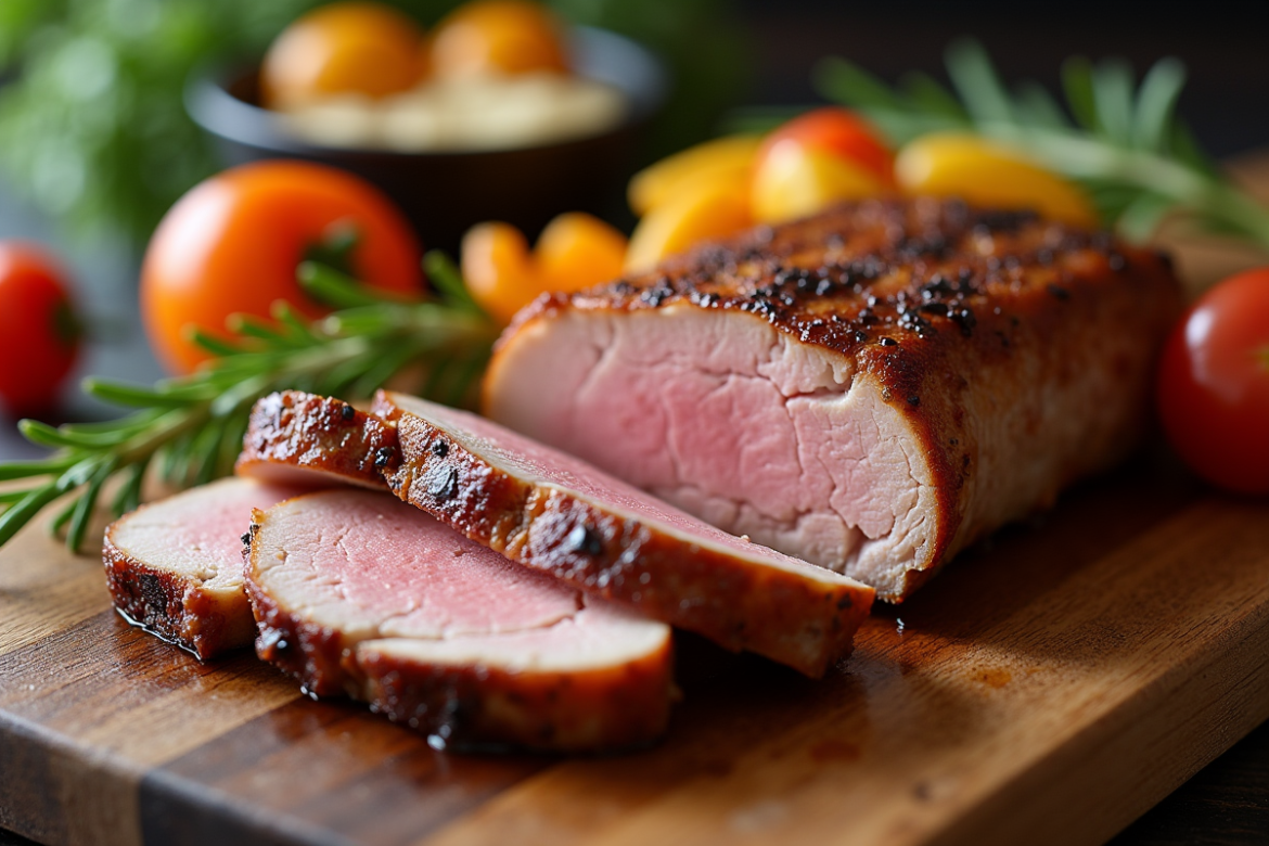 Magret de canard rosé tranché sur planche en bois avec légumes