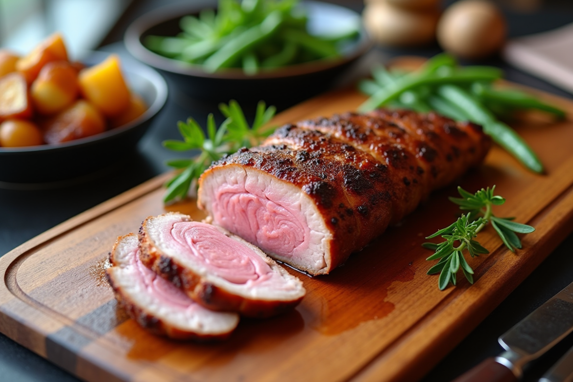 Magret de canard tranché sur planche en bois avec accompagnements