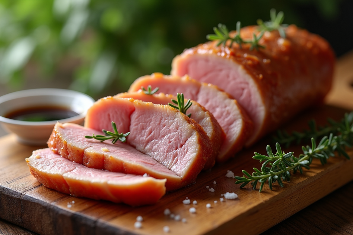 Magret de canard tranché sur planche en bois rustique