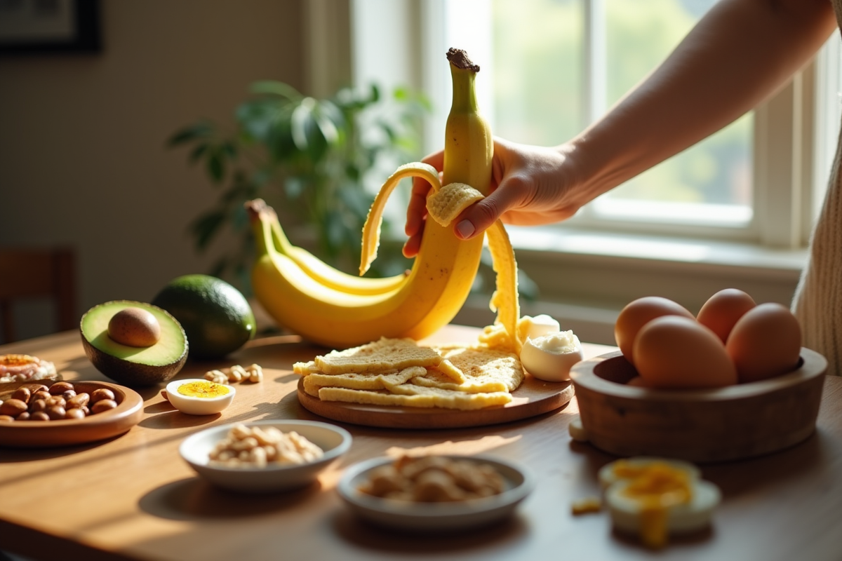 Main tenant une banane pelée avec aliments keto sur table en bois